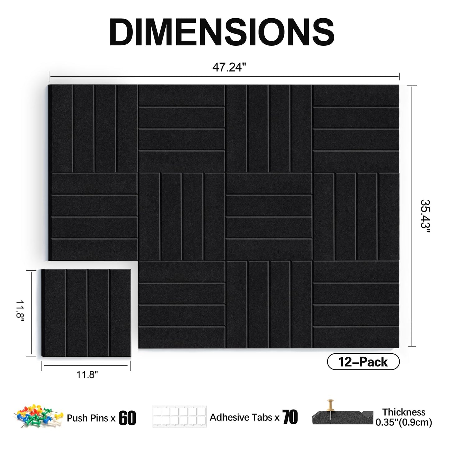 Sesiyoiu 12-Pack Felt Bulletin Board, 47.2" x 35.4" Large Cork Board Alternative for Walls Decor, with 60 Pushpins, 70 Damage-Free, Thick Pin Board for Office, Home, Classroom - Black