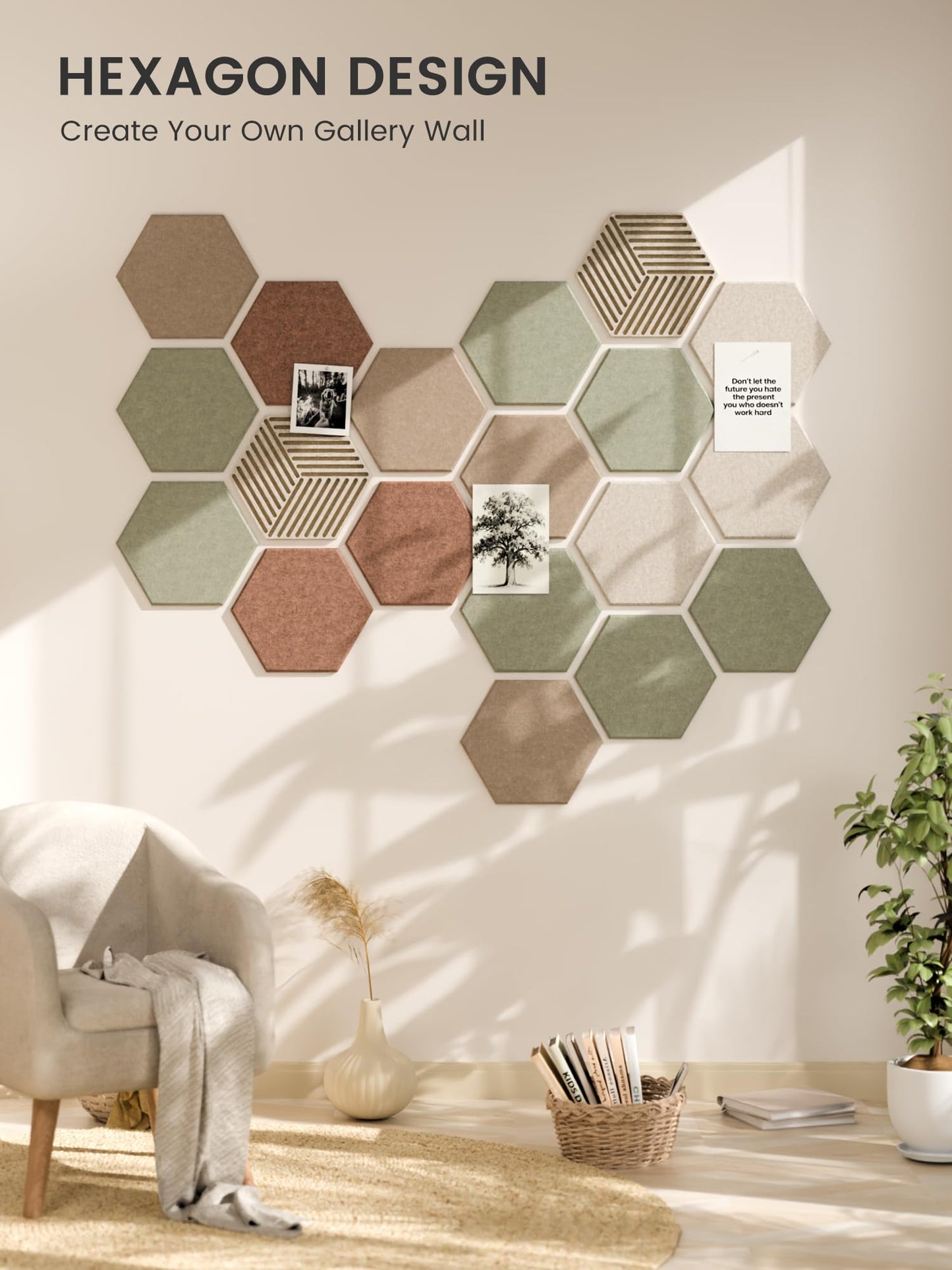 Fluxynara Hexagon Cork Board Alternative for Walls Decor-10-Pack Felt Bulletin Board Tiles,with 30 Pushpins,50 Adhesive Tabs for Office,Classrooms & Home Pin Board Felt Board-Boho