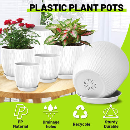 LESOASIS Plastic Plant Pots 10/9/8/7.5/7 inch Set of 5, Flower Planters with Drainage Holes and Saucers, Plastic Pots for Indoor Outdoor Plants, Livingroom Garden Decor (White)