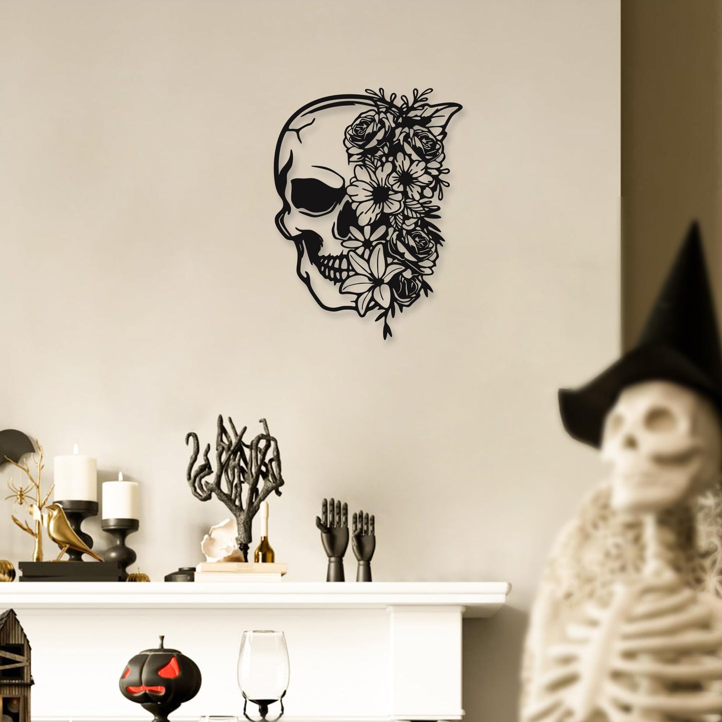Rajukit Skull Wall Decor with Floral Accents - Gothic Wall Art 3D Metal Sculpture for Home, Halloween Decorations Outdoor & Goth Room Decor - Skeleton Eclectic Wall Art（14.4''x10.7''）