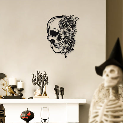 Rajukit Skull Wall Decor with Floral Accents - Gothic Wall Art 3D Metal Sculpture for Home, Halloween Decorations Outdoor & Goth Room Decor - Skeleton Eclectic Wall Art（14.4''x10.7''）