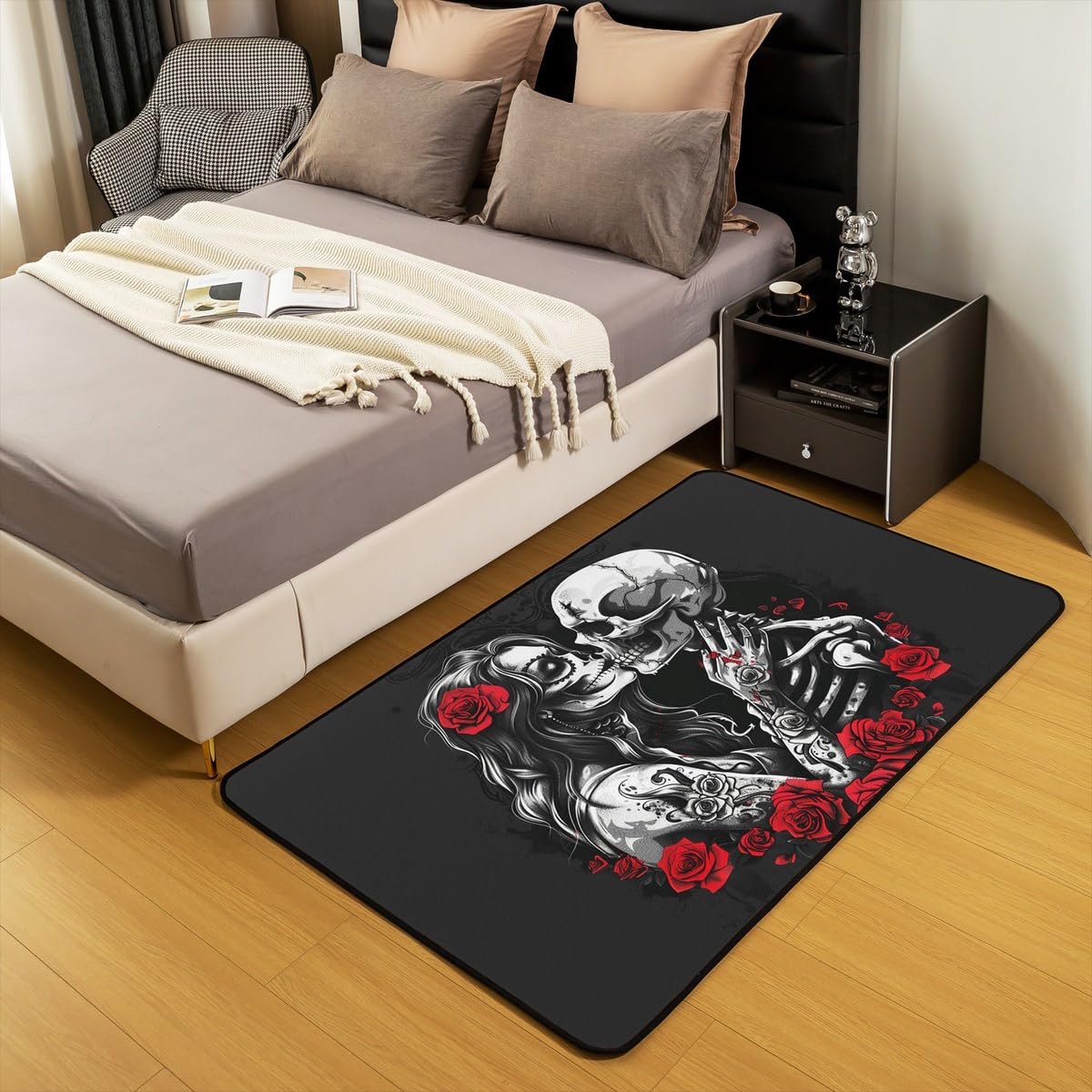 Erosebridal Gothic Couple Skull Area Rug 3x5 Skeleton Bones Rug for Bedroom Living Room Halloween Red Rose Flower Carpet Decor Goth Style Indoor Floor Mat Non Slip