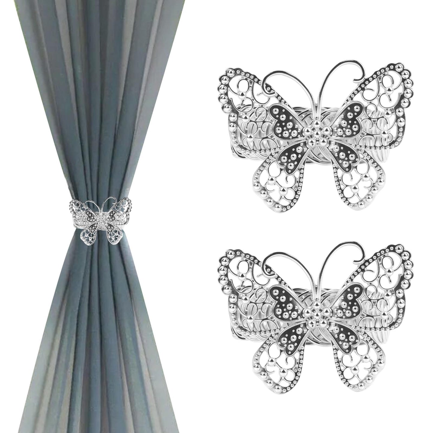 Chinflly Silver Butterfly Curtain Tiebacks No-Drill Modern Metal Curtain Holdbacks Easy to Install for Rental House Dorm Present Elegant Home Decor, 2 Packs