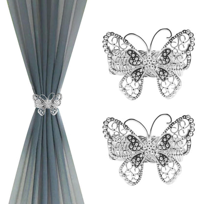 Chinflly Silver Butterfly Curtain Tiebacks No-Drill Modern Metal Curtain Holdbacks Easy to Install for Rental House Dorm Present Elegant Home Decor, 2 Packs
