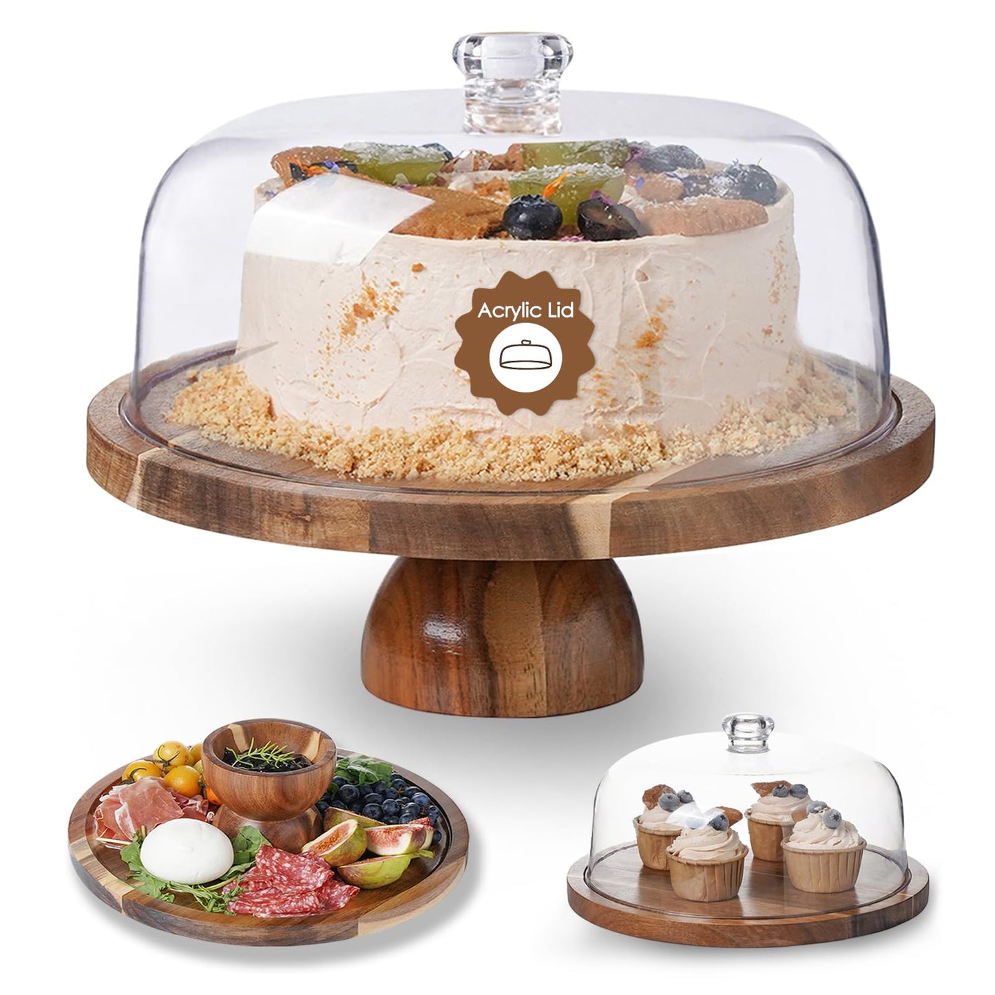 Kanwone Acacia Wood Cake Stand with Acrylic Lid - 12in Cake Plate, Multi-Functional Dessert Table Display Set, Charcuterie Board, Cake Holder with Dome, Detachable Design