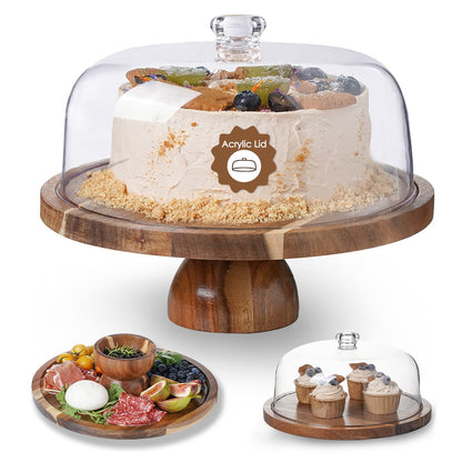 Kanwone Acacia Wood Cake Stand with Acrylic Lid - 12in Cake Plate, Multi-Functional Dessert Table Display Set, Charcuterie Board, Cake Holder with Dome, Detachable Design