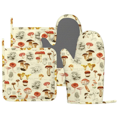 MIFSOIAVV Mushroom Oven Mitts and Pot Holders Sets Silicone Vintage Mushrooms Kitchen Mitts Potholders Heat Resistant 4Pcs Oven Gloves Hot Pads for Kitchen Baking Cooking BBQ Grilling