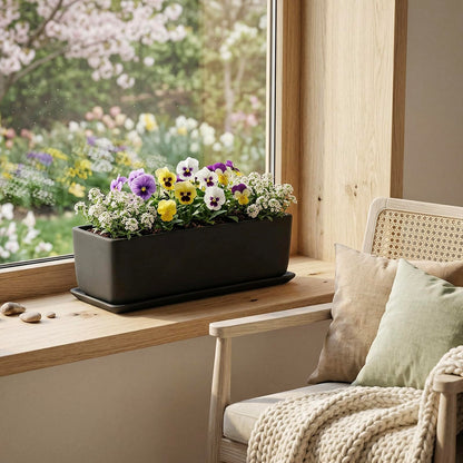 MyGift 14 Inch Ceramic Indoor Plant Pot, Rectangular Succulent Planter, Decorative Flower Planter with Drainage Hole and Removable Tray, Matte Black
