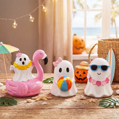 Amyhill 3 Pcs Summer Halloween Ghost Decor Set Ghost Figurines 2.8" Cute Tropical Beach Resin Statues with Flamingo Float Garland Sunglasses Mini Spooky Tiered Tray Decor for Home Office Shelf