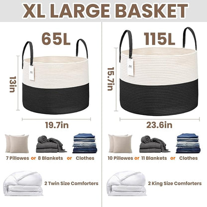 JMvicyroam 65L Extra Large Blanket Basket for Living Room - Woven Cotton Rope Laundry Hamper with Reinforced Handles - Storage Bin for Pillows, Comforters & Toys - Machine Washable,White&Black