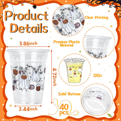 HABDJILTY 40 Pcs Halloween Ghost Walking Dog Plastic Cups Pumpkin Disposable PET Clear Cup Bulk Spooky Halloween Party Drinking Cups for Cold Beverage Snacks Birthday Party Decor Supplies, 12 Oz