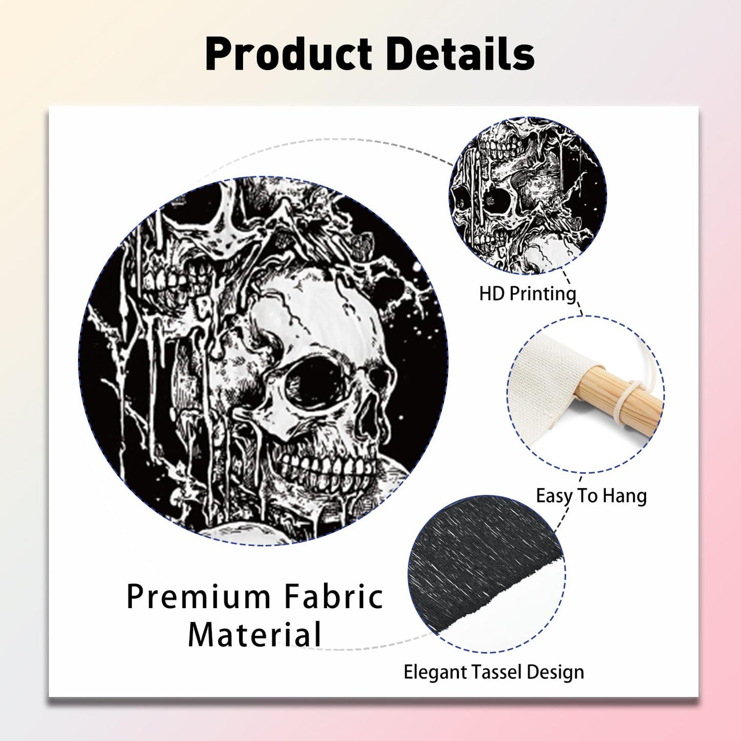 PLIGREAT 2 Pack Skeleton Tapestry with Tassels, 52" x 13" Black and White Aesthetic Wall Hanging Goth Style Vertical Home Art Tapestry for Bedroom Living Room Long Narrow Wall Hanging Art Decor
