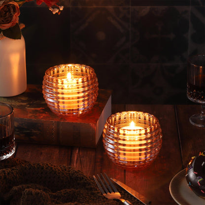 TkoYuHm 2 Pack Amber Glass Votive Candle Holders for Home Decor Round Bubble Tea Light Holder for Valentine’s Day Table Centerpiece Wedding