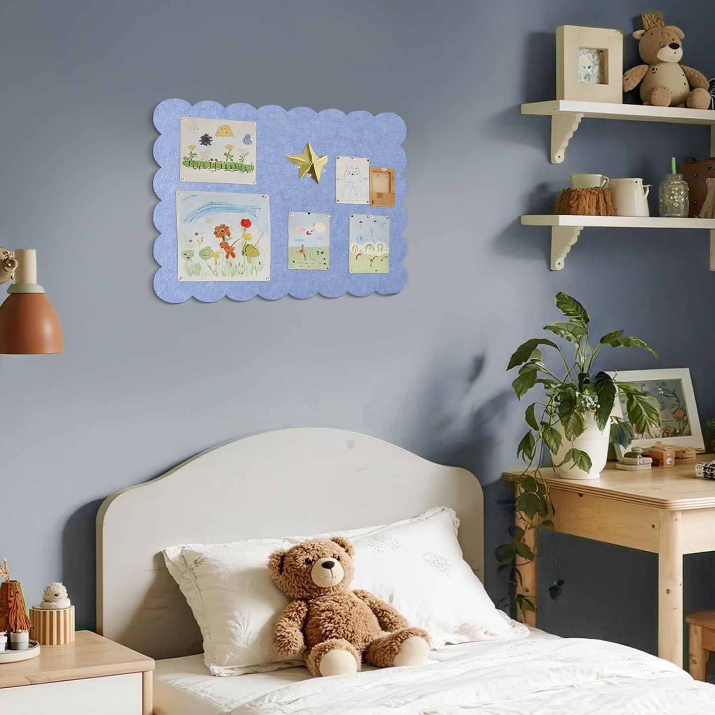 Lightomorrow Scalloped Bulletin Board, 24 x 18 Inches Felt Pin Board - Decorative Cork Alternative for Wall, Foldable Picture Self-Adhesive Vision Prayer Board with 20 Pushpins - Lavender Blue