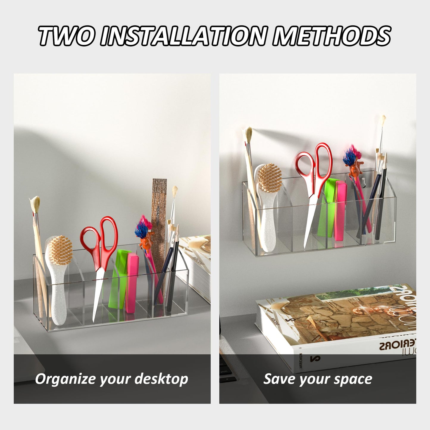 Hexsonhoma Acrylic Pen Holder Organizer 4 Compartments, Clear Makeup Brush Holder, No Drill Wall Mounting Pencil Holder for Office Accessories