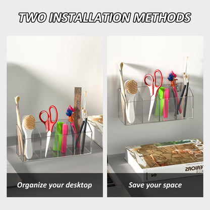 Hexsonhoma Acrylic Pen Holder Organizer 4 Compartments, Clear Makeup Brush Holder, No Drill Wall Mounting Pencil Holder for Office Accessories