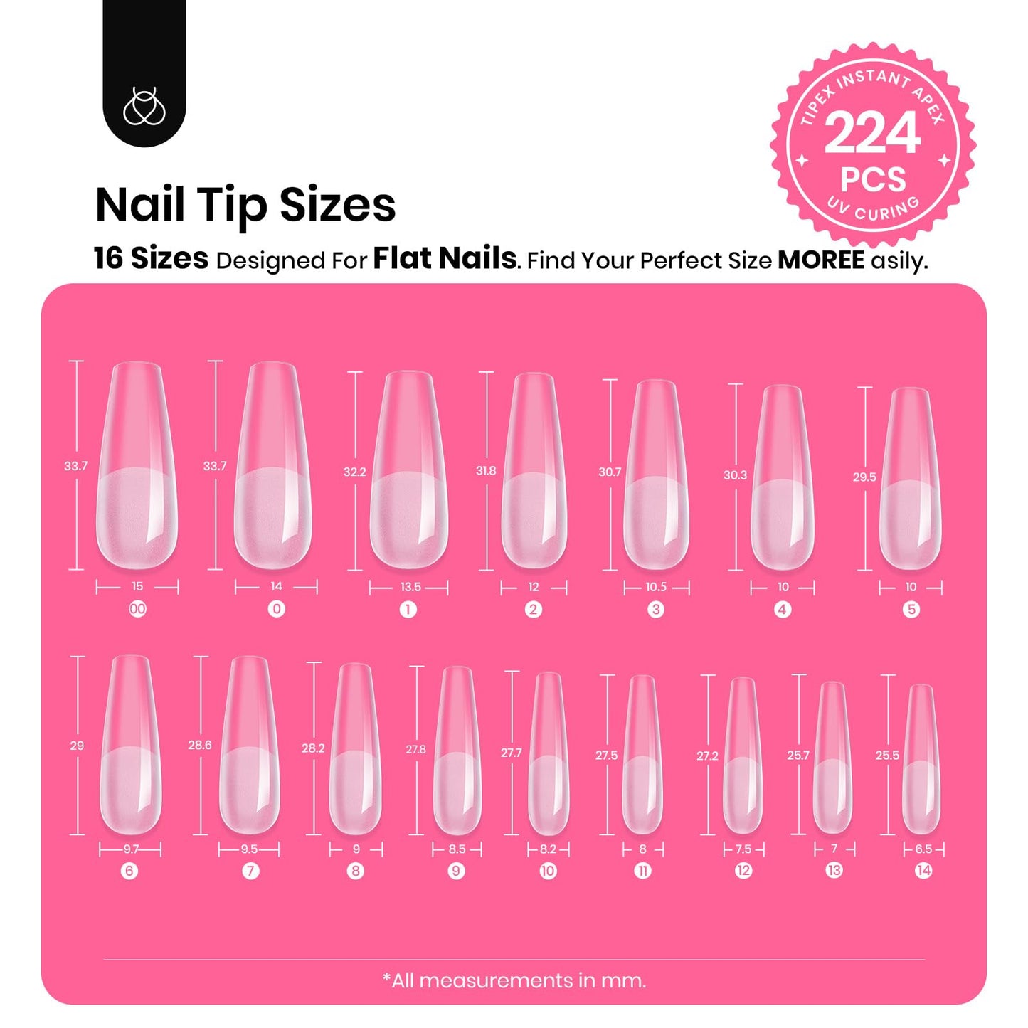 Beetles Tipex Instant Apex Nail Tips Kit, Coffin Long 224Pcs 16 Sizes Pre-Building & Pre-Etched Thicker Acrylic Nails False Nail Extension with Tipex Nail Glue Mini Nail Lamp