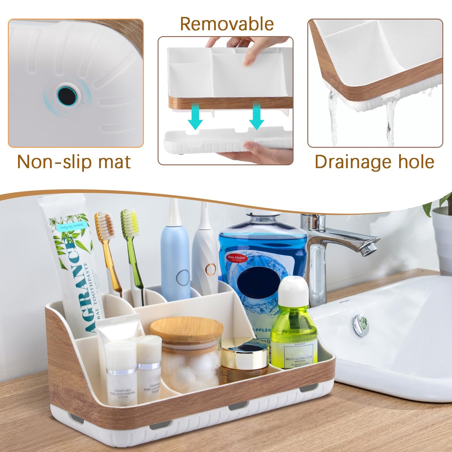 GFWARE Bathroom Countertop Organizer - Detachable 7 Slots Kids Electric Toothbrush and Toothpaste Holde Drainage for Bathroom Accessories Organization Counter Vanity Storage, Woodgrain