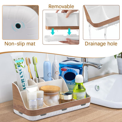 GFWARE Bathroom Countertop Organizer - Detachable 7 Slots Kids Electric Toothbrush and Toothpaste Holde Drainage for Bathroom Accessories Organization Counter Vanity Storage, Woodgrain