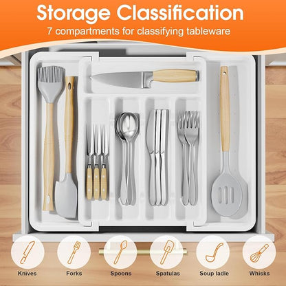 SpaceHacks Silverware Organizer，Adjustable & Expandable Utensil Drawer Organizer, BPA Free Utensil Holder, Cutlery Tray for Forks, Spoons, Knives in Kitchen, Medium, White