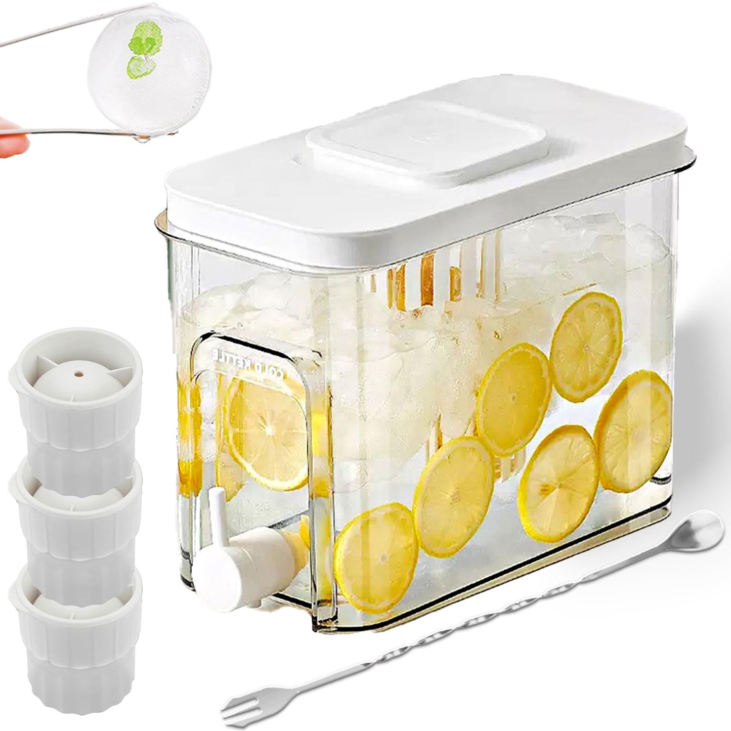 1.1 Gallon Beverage Dispenser with Spigot - BPA-Free Water Jug for Refrigerator, Includes 3 Ice Ball Molds & Bar Spoon - Leak-Proof Drink Container for Party, Iced Tea - White 5-Piece Set