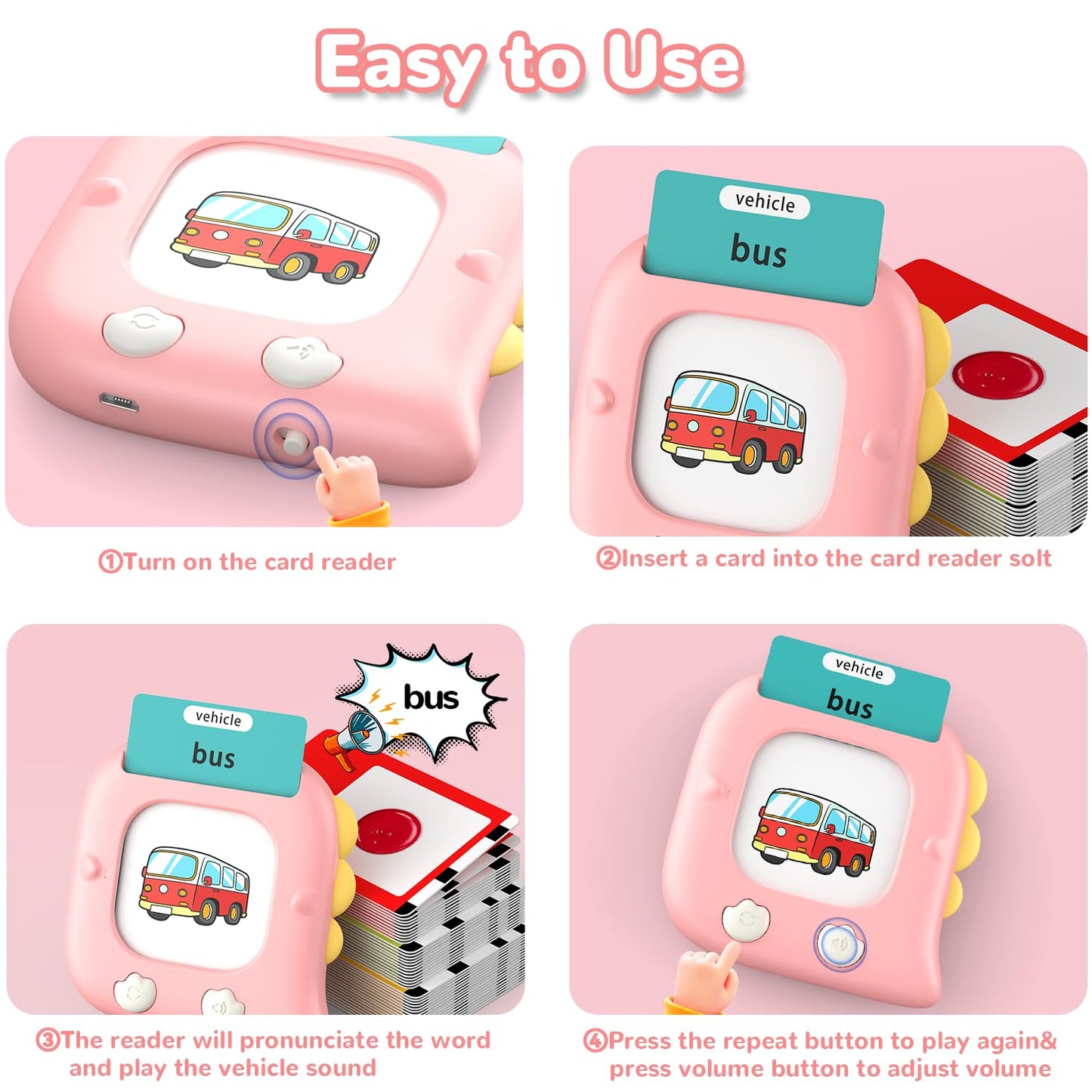 Kidzdo Dinosaur Talking Flash Cards for Toddlers 1 2 3 4 5 6 Years Old, 254 Words Pocket Speech Language Learning Toys, Great Easter Birthday Gift Ideas for Girls Ages 1-6, Pink