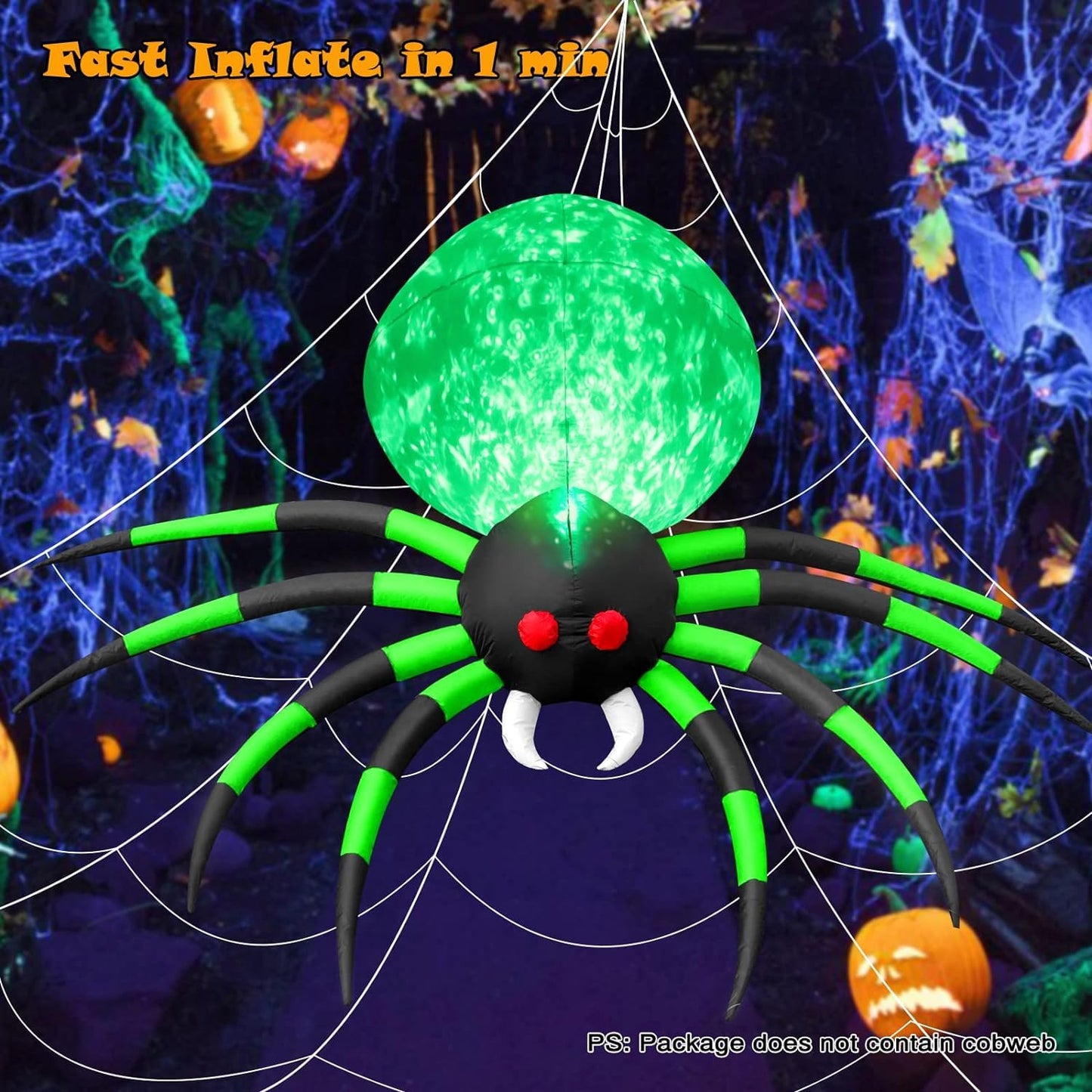8 FT Halloween Inflatables Spider Outdoor Decorations for Yard, Giant Blow up Green Spider with Rotating Fire Flame Light, Large Spooky Spider Props for Halloween Party Garden Lawn House Holiday Decor