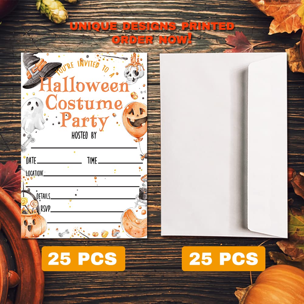 Deluxe Halloween or Costume Party Invitations, 25 Fill-in Cards with Envelopes, Pumpkin, Ghost, Monster, Cute Trick or Treat, Box or Treat for Kids Birthday or Adult party - 4"X6" (JRM338)