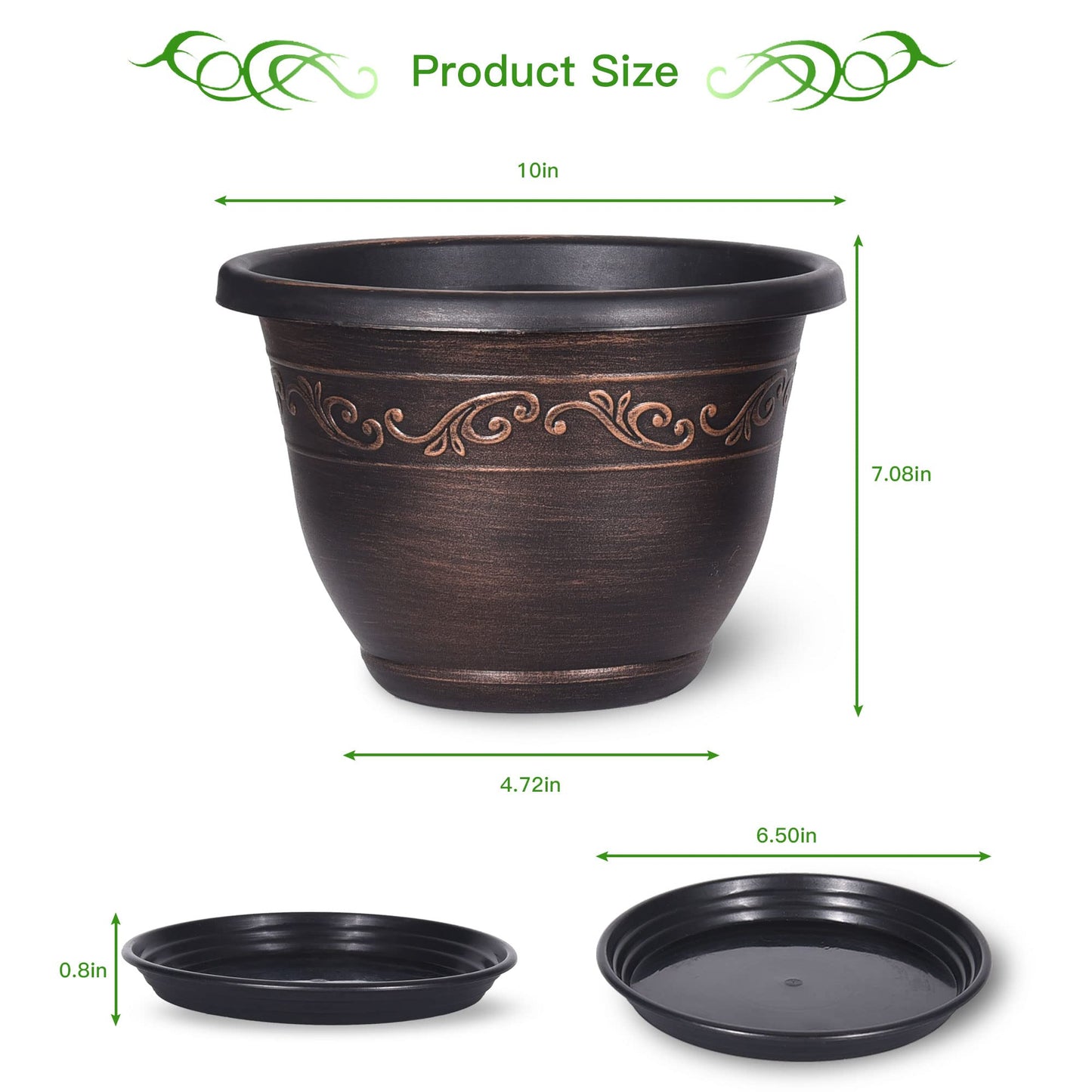 Plastic-Plant-Flower-Planters-10 Inch With Drainage Hole & Saucer, 3 Packs Lightweight Small Resin Flower Pot Indoor Outdoor, Retro Antique Imitation Decorative Garden Containers Sets For Houseplants