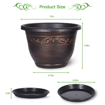 Plastic-Plant-Flower-Planters-10 Inch With Drainage Hole & Saucer, 3 Packs Lightweight Small Resin Flower Pot Indoor Outdoor, Retro Antique Imitation Decorative Garden Containers Sets For Houseplants