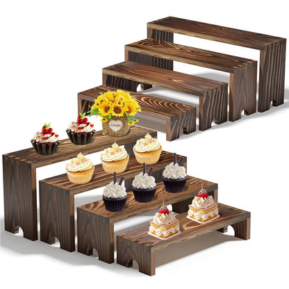 YUZUKYAUY Large 2 Set Stackable Wooden Cupcake Stand Tiered Riser Display Stands for Vendor Events Vendor Booth Display Items Farmhouse Decor Wood Dessert Table Display Set (Dark Brown, 2Pack)