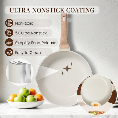 Kikcoin 16Pcs Ceramic Pots and Pans Set Non Stick, Includes a 9.5" Grill Pan, Induction Kitchen Cookware Sets, White Nonstick RV Kitchen Camping Cooking Sets Stackable (PTFE, PFOS, PFOA Free)
