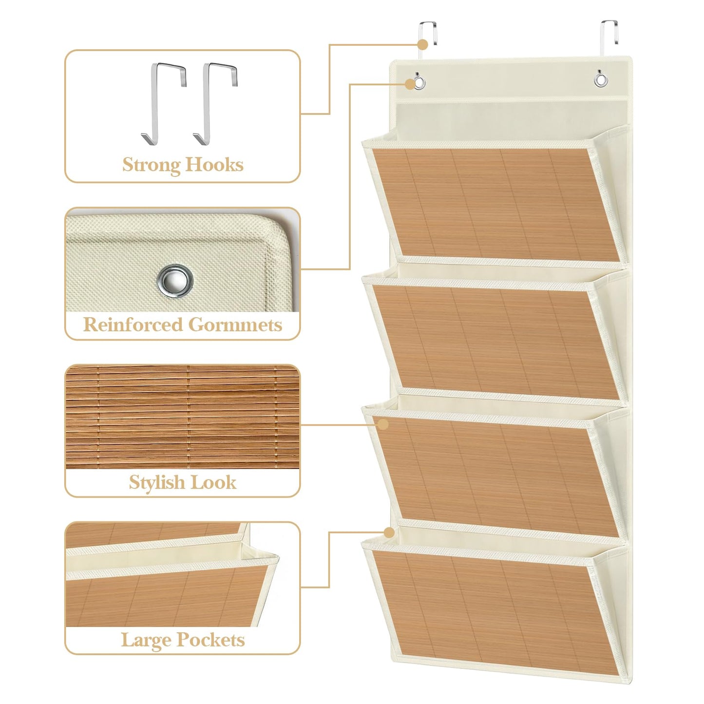 homyfort hanging wall file organizer, Over the door file folder organizer with 4 Large Bamboo Pockets, Suitable for Home, Office, Back to School Supplies Storage and Organization (Beige)