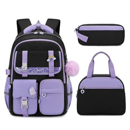 MUSEVOS Girls Backpack, Kids Backpack for Girls, School Bookbag for Teens Age 6-15, Large Capacity Water Resistant Backpack for Elementary to High School, Cute Travel Daypack, Black Purple 3pcs