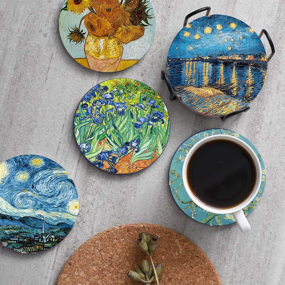 Heideryafei 4 Inch Round Marble Coasters, Van Gogh Art Painting Style Beverage Coasters with Storage Rack 8-Piece Set