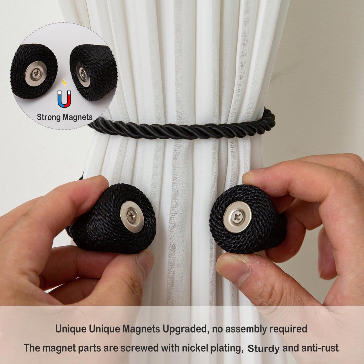 Contoeey Magnetic Curtain Tiebacks 8 Pack Outdoor Rope Curtain Tie Backs Decorative Window Treatment Holdbacks for Home Decorative Curtain, Black