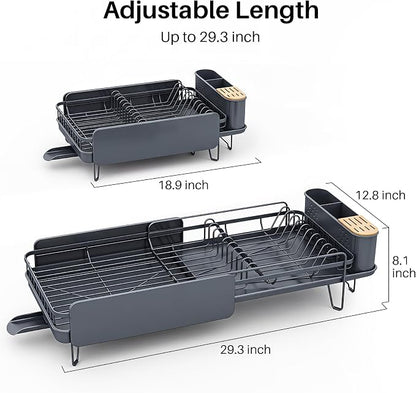 SNTD Dish Drying Rack - Large Dish Racks for Kitchen Counter, Expandable Dish Drainers with Cutlery Holder Stainless Steel Rustproof (Grey)