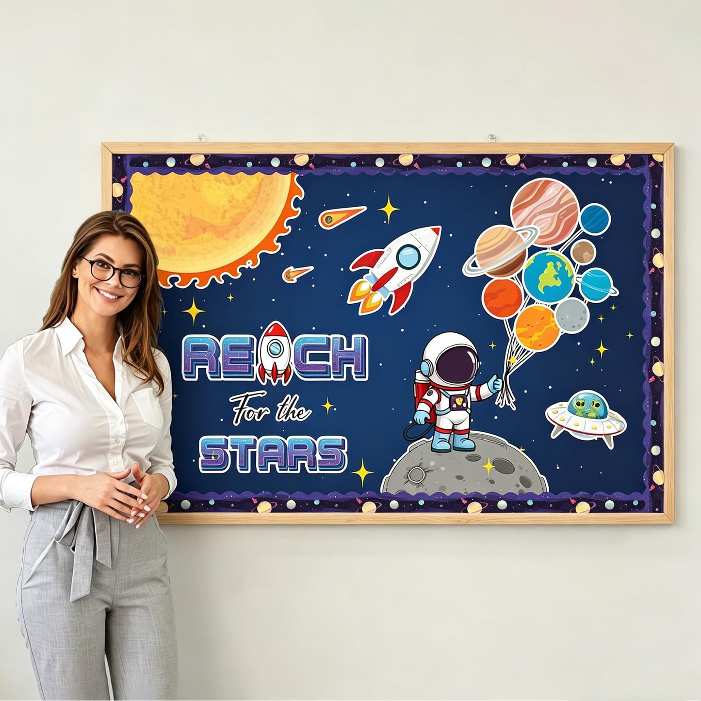 Outer Space Bulletin Board Decorations Set with Borders Space Theme Solar System Motivational Cutouts Decor for Teachers Astronaut Bulletin Board for Class School Classroom Chalkboard Wall Decor