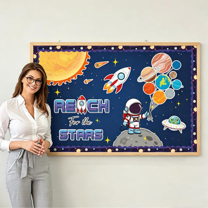 Outer Space Bulletin Board Decorations Set with Borders Space Theme Solar System Motivational Cutouts Decor for Teachers Astronaut Bulletin Board for Class School Classroom Chalkboard Wall Decor