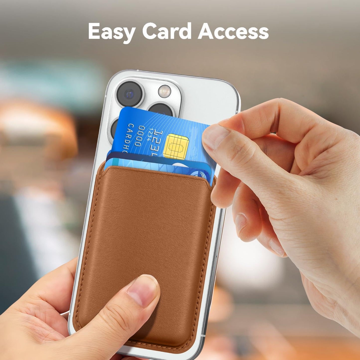 KRTALS Stronger Magnetic RFID Leather Mag-Safe Card Holder for iPhone 16 Series, Mag-Safe Accessories Stick on Series of iPhone 17/16/15/14/13/12 and Pro/Promax, Brown