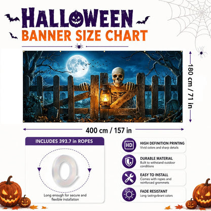 Halloween Garage Door Banner 157.5x70.9in Haunted House Graveyard Scene with Rope 393.7in & 10 Grommets Double Stitch Outdoor Garage Door Cover Halloween Garage Door Decorations Backdrop