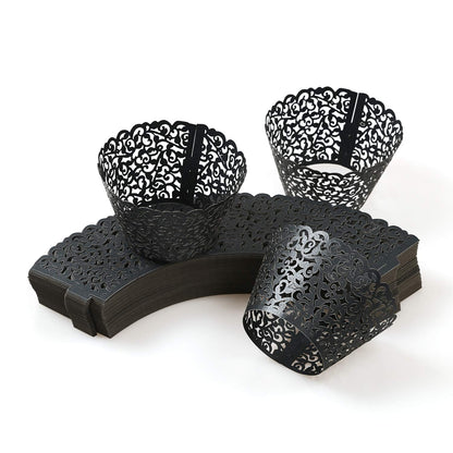 KPOSIYA Pack of 120 Cupcake Wrappers Artistic Bake Cake Paper Cups Vine Designed Laser Cut Cupcake Wraps Baking Cup Muffin Case Trays for Wedding Baby Shower Party Birthday Decoration (120, Black)