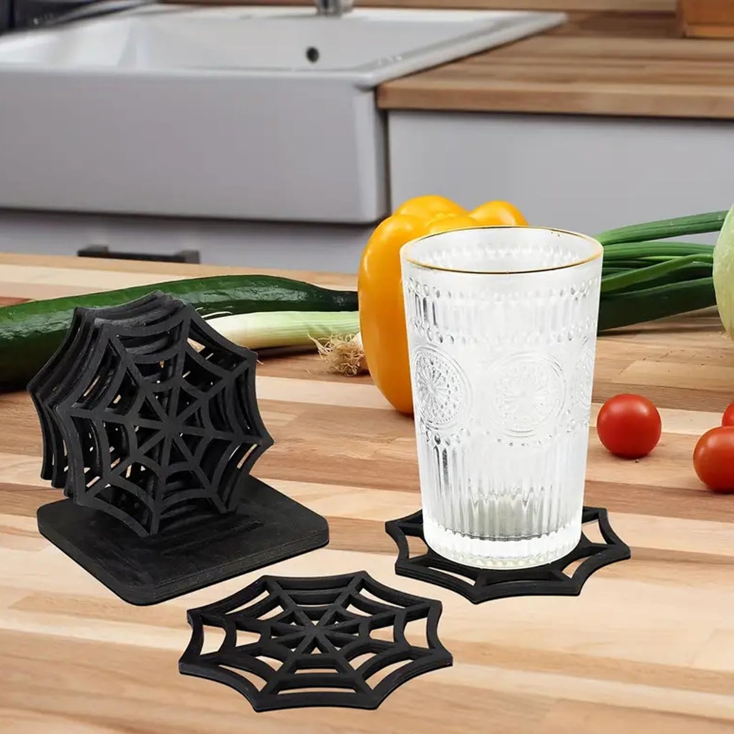 Wooden Hollow net Coaster Stand, Black, Decorated Halloween Table Decoration (6 Pieces)