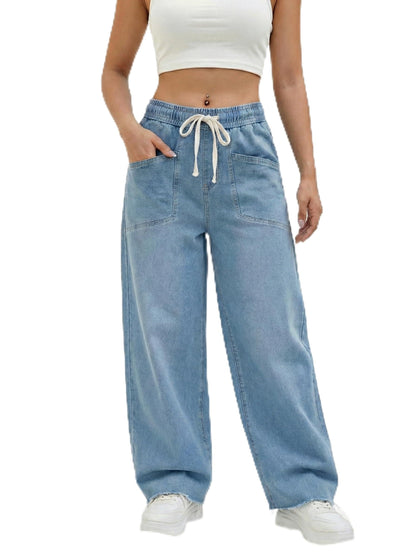 Mulch Woman High Waisted Wide Leg Women’s Pull On Blue Wash Jeans Stretchy Loose Fit Elastic Waist Drawstring Denim Pant (Medium)