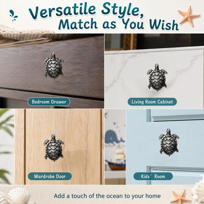 Jinyuanchao Ocean Turtles Handle 4PCS, Metal Dresser Drawer Cabinet Door Knobs Pulls Handles Home Bathroom Beach Nautical Coastal/Forest Decor Animal Series (Turtle, Pewter)