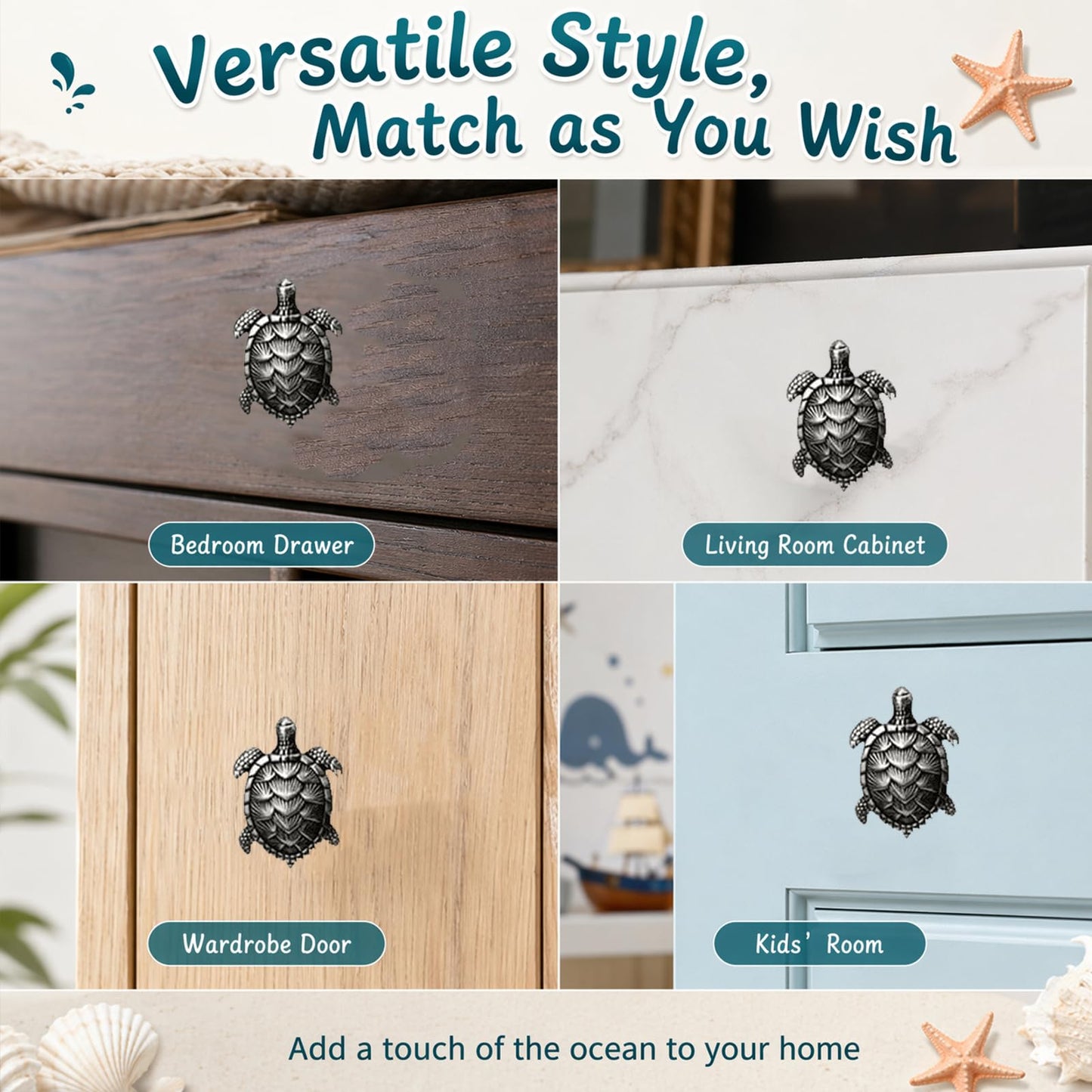 Jinyuanchao Ocean Turtles Handle 4PCS, Metal Dresser Drawer Cabinet Door Knobs Pulls Handles Home Bathroom Beach Nautical Coastal/Forest Decor Animal Series (Turtle, Pewter)
