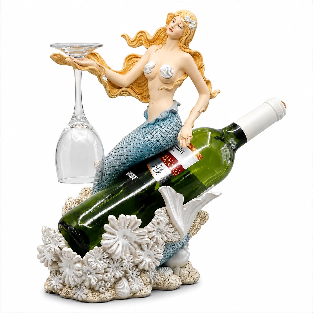 Comfy Hour Under The Sea Collection Mermaid Wine Rack Bottle Holder, 8.46"L x 5.7"W x 13.0"H, Polyresin