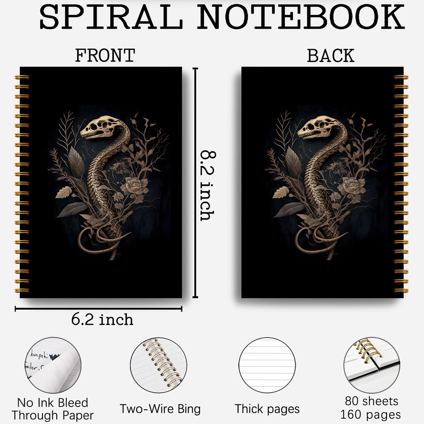 Guymn Snake Skull Spiral Journal Notebook - Goth Golden Snake Head Skeleton Notebook 5.5×8.3, Snake Gifts Spiral Notebook Journal with 164 Pages, Punk Dark Witchy Gifts