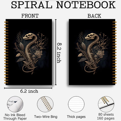 Guymn Snake Skull Spiral Journal Notebook - Goth Golden Snake Head Skeleton Notebook 5.5×8.3, Snake Gifts Spiral Notebook Journal with 164 Pages, Punk Dark Witchy Gifts
