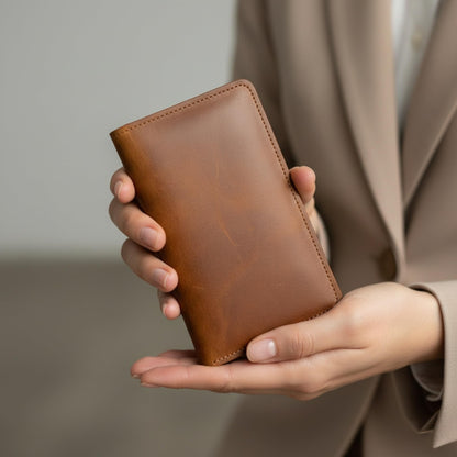 TORAKIP Leather Checkbook Cover – Slim Genuine Leather Checkbook Holder with Zipper Pocket, Checkbook Wallet Organizer for Men & Women, 7" x 3.8", Warm Brown